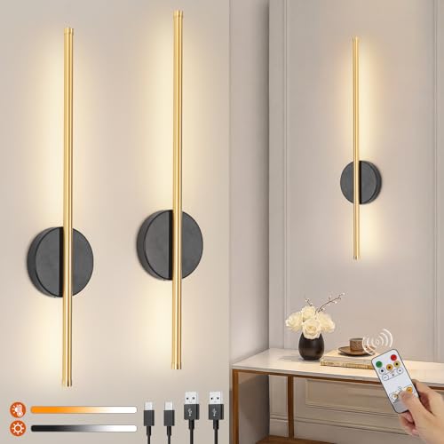 Ketom 2 Pezzi Applique da Parete Interno LED, Lampada da Parete Senza Fili, Lampada da Muro Dimmerabile & 3 Temperatura Colore & Timer con Telecomando, per Soggiorno Corridoio, Nero e Oro
