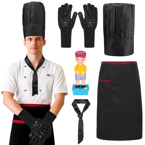 Yahenda 5 Pcs Hibachi Chef Costume Set Hibachi Chef Hat and Apron Japanese Tie BBQ Gloves Teppanyaki Boy Squirter(Black)