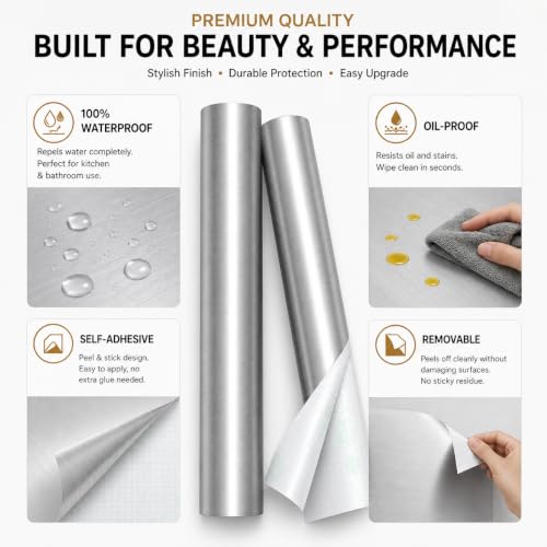 Image of HOME13 Wallpaper Self Adheisve Silver Brushed Contact Wallpaper Vinyl Removable Waterproof Kitchen Cabinet Countertop (24x240 Inches, Silver Brushed)