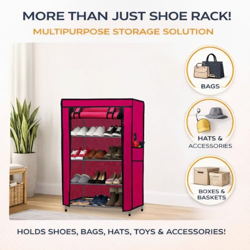 Image of Metal Shoe Stand with Cover, 4 Tier Shoe Organizer for Home & Office - Pink