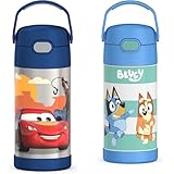 THERMOS FUNTAINER 12 Ounce Stainless Steel Vacuum Insulated Kids Straw Bottle, Cars & FUNTAINER 12 Ounce Stainless Steel Vacuum Insulated Kids Straw Bottle, Bluey