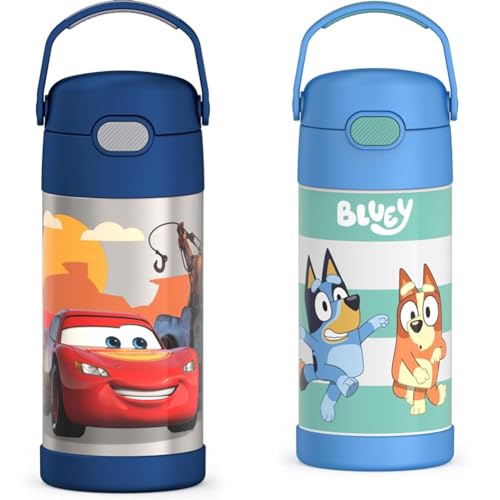 Image of THERMOS FUNTAINER 12 Ounce Stainless Steel Vacuum Insulated Kids Straw Bottle, Cars & FUNTAINER 12 Ounce Stainless Steel Vacuum Insulated Kids Straw Bottle, Bluey