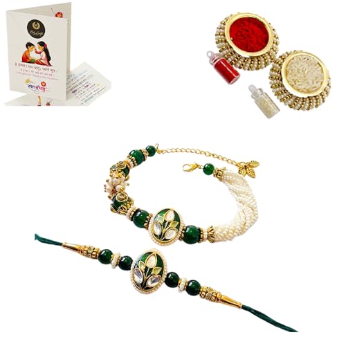 NiLy Craft Premium Handmade Bhaiya Bhabhi Rakhi Gift Set for Raksha Bandhan | Designer Couple Rakhi with Outing Ring Charm Kundan Ball & Glass Beads | Rakhi Combo with Roli (Kumkum) Chawal & Greeting Card | Elegant Rakhi Gift for Brother / Sister / Sister-In-Law