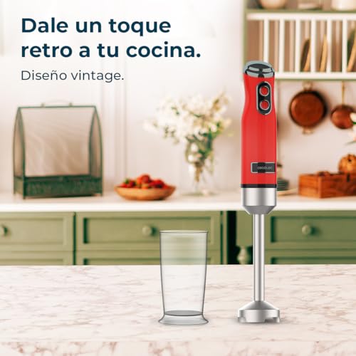 Cecotec Frullatore a Immersione Retro Power RetroRed 1200MAX. 1200W di Potenza, Lama a 4 Lame con Rivestimento in Titanio Nero, 2 Velocità, Bicchiere da 0,5L, Design Vintage - Immagine 5