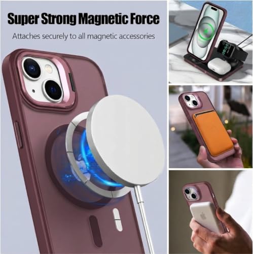 Image of Elzzi Kickstand Case for iPhone 15 Case Compatible with MagSafe, Built-in Adjustable Camera Guard Stand, Translucent Matte Anti-Fingerprint Heavy Duty Shockproof Phone Cover - Cherry