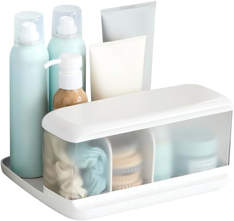 HideAway Counter Caddy, Bathroom Vanity Countertop Organizer Tray with Adjustable Dividers and Lid