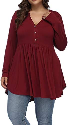 ALLEGRACE Women’s Plus Size Henley V Neck Button Tunic Tops Long sleeve Swing Flowy Shirts