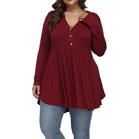 ALLEGRACE Women's Plus Size Henley V Neck Button Tunic Tops Long Sleeve Swing Flowy Shirts Wine Red 1X Cover