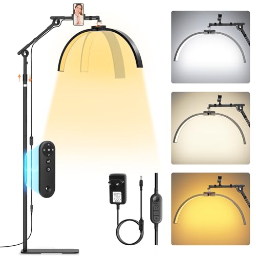 Adonafy LED Halbmond Wimpern Lampe: Drehbar 360 Halbmond Beauty Lichter Stehlampe mit Telefonhalter - Dimmbares Wimpernverlängerung Lampe für Beauty Tätowierer Make-Up Artists - Schwarz