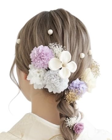 [Lomeri] ロメリ 髪飾り【6色展開】 ドライフラワー マム 着物 和装 浴衣 飾り 振袖 成人式 結婚式 卒業式 七五三 ウエディング かわいい 七五三 U (パープルA356)（Amazon）