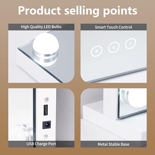 NUSVAN Vanity Mirror with Lights, 17 Dimmable LED Bulbs, 3 Color Lighting Modes, Detachable 10X Magnification, Tabletop Mount