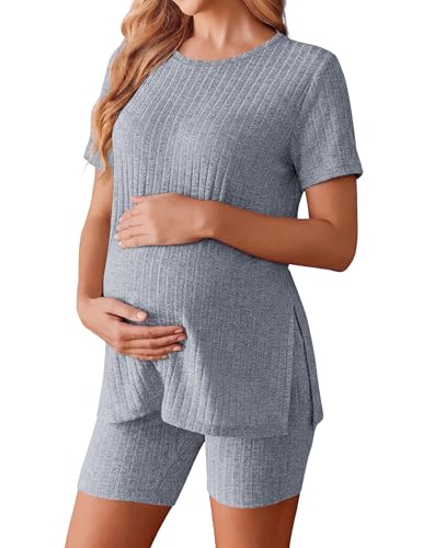 Image of Ekouaer Maternity Sets 2 Piece Outfits Ribbed Knit Short Sleeve Shirts and Biker Shorts Pregnancy Loungewear Mama Clothes