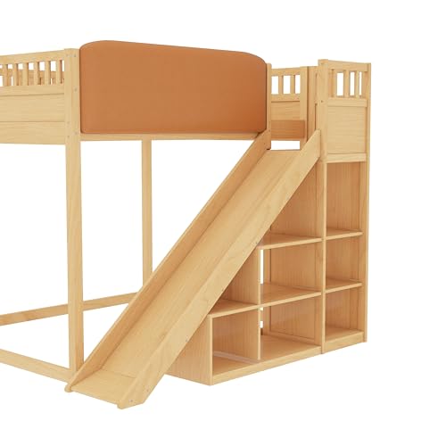 Image of Bellemave Bunk beds Queen Over Queen with Slide and Stair and upholstered headboard, Low bunk /loft beds for Kids，Natural
