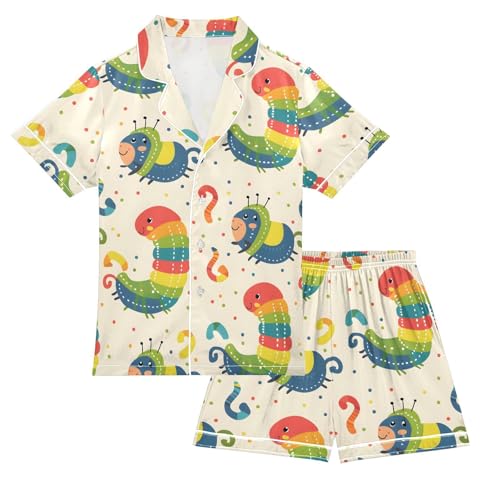ALAZA Cartoon Caterpill Polka Dot Satin Pajamas Set Short Sleeve Button Down Sleepwear Summer Pjs 2 Piece