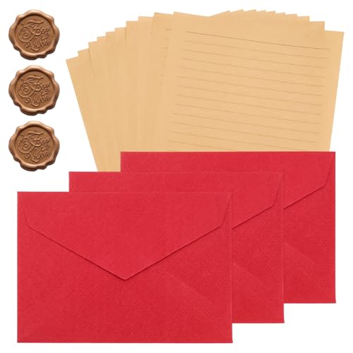 YUYUDEHM 10 Letter Writing Paper and Linen Texture Envelopes Set with 3 Wax Seal Sticker for Wedding, Invitations, Graduation (4 x 6 Inch, Red)