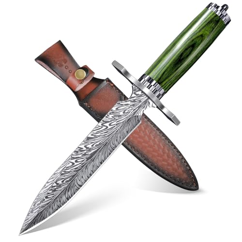 FUSIONKEI Fixed Blade Knife with Leather Sheath, Survival Camping Damascus