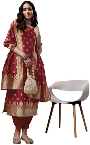 EthnicJunction Women's Embellished Woven Banarasi Silk Straight Sleeveless Kurta Pant with Dupatta Set | Wedding Kurta Set | Ethnic Set