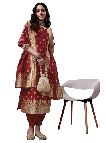 EthnicJunction Women's Embellished Woven Banarasi Silk Straight Sleeveless Kurta Pant with Dupatta Set | Wedding Kurta Set | Ethnic Set