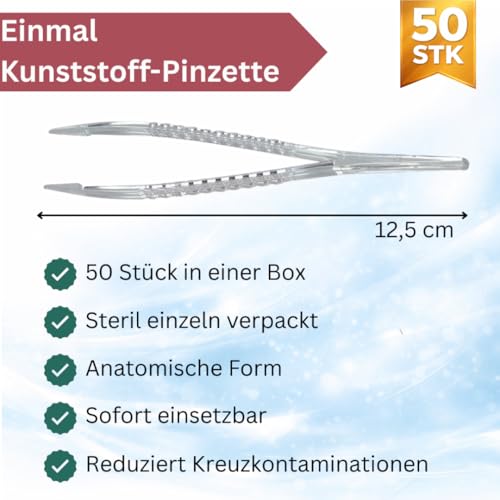 Einmal-Kunststoff-Pinzetten 12,5 cm | 50 Stück in einer Box - Transparent PS | Steril einzeln verpackt für Medizin, Kosmetik, Labor, Erste Hilfe, Hygieneanwendungen | Heinz Herenz Medizinalbedarf