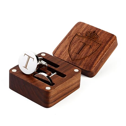 Image of Mens Initial Silver Cufflinks A-Z Alphabet Letter Steel Cuff Links with Engraved Walnut Wood Box Groom Groomsman Wedding Set