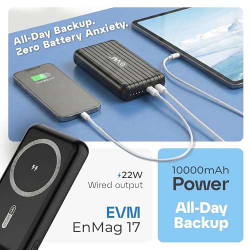 Image of EVM EnMag 17 10000mAh Magnetic Wireless Power Bank, 22.5W Fast Charging, 15W Wireless Charging, Type-C & USB Output, Slim & Lightweight Portable Charger, Compatible with Android & iOS (EVM P0502-B)