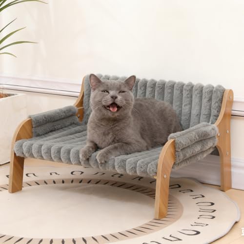 NICEME Elevated Wooden Cat Sofa Bed, Small Raised Cat Furniture with Replaceable Washable Warm/Cool Cushions for Indoor Cats (Grey, S) - Image 3