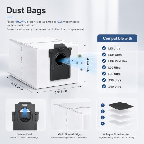 Image of 26Pack X40 Ultra /L40 Ultra Gen 2 /Mova P10 Pro Ultra Gen 2 Accessories | Premium Rubber H13 Filter Paper Microfiber Mop 3.2L Activated Carbon Bags