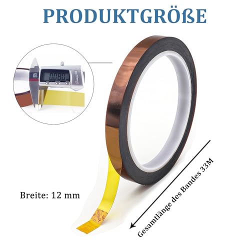 Misuyue 12mm Hitzebeständiges Klebeband Kapton Tape, 0.08mm Dicke Polyimid Klebeband, 33m Hohe Temp Tape Isolierband für 3D-Drucker Löten, Sublimation, Elektronik Leiterplatten