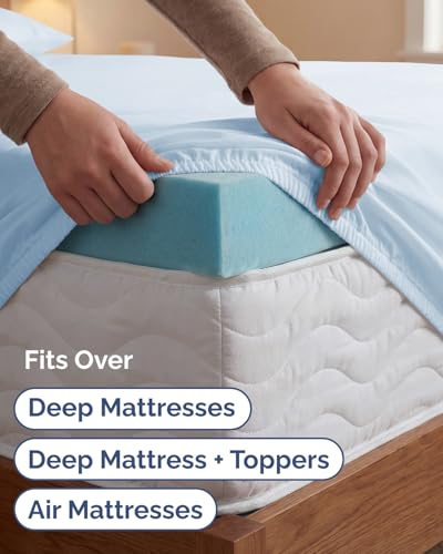 Image of Extra Deep Twin XL Sheet Set - 4 Piece Breathable & Cooling - Light Blue | Hotel Luxury Bed Sheets Set, Easy & Secure Fit, Ultra-Soft, Wrinkle & Fade Free, Comfy Sheets Set with Extra Deep Pockets