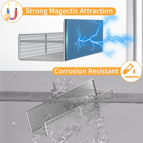 Magnetic Spice Rack for Refrigerator, 2 Pack 100% Metal Strong Magnet Shelf, Space Saving Spice Organizer W/ Hooks, Movable Magnetic Fridge Shelf, Kitchen Home Laundry Room Storage Organization, Grey