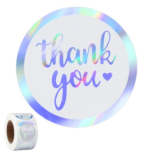 joycraft 500Pcs Thank You Stickers, 1.5 inch Holographic Rainbow Silver Gift Stickers Roll, Round Thank You Labels for Small Business, Envelope Seals, Gift Wrapping, Bags