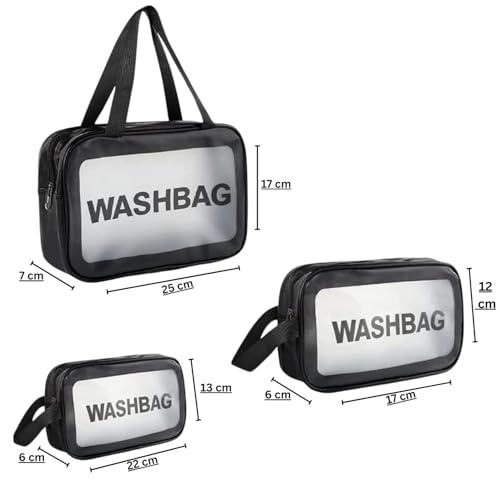 Image of KUKLAR Wash Bag Pouch for Travel Kit Toiletry Bag Nylon Cosmetic Bag Make Up Box for Brushes, Accessories with Handle, Large Capacity Translucent Waterproof Travel Storage OrganizerSet of 3 (Black)