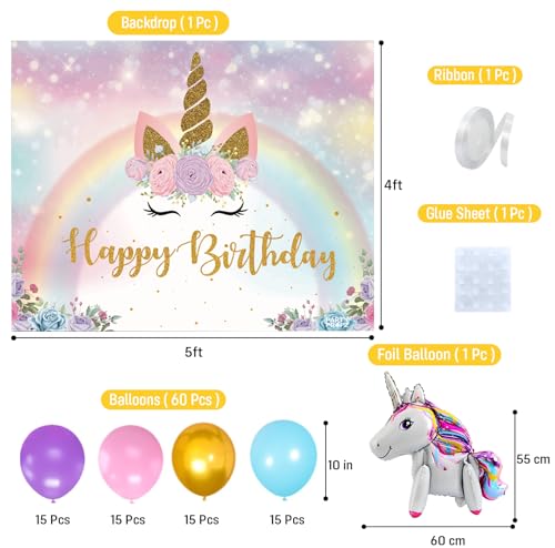 Image of Party Propz Unicorn Theme Birthday Decoration Kit For Girls - 64 Pcs,Happy Birthday Banner Backdrop Decoration (5x4 ft),Colourful Balloons, Unicorn Foil Balloon,Bday Decoration Items for Girls