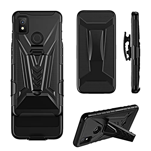 Customerfirst Case for Cricket Icon 4 with Tempered Glass Screen Protector, Belt Clip Holster with Built-in Kickstand, Heavy Duty Protective Phone Case (Black)
