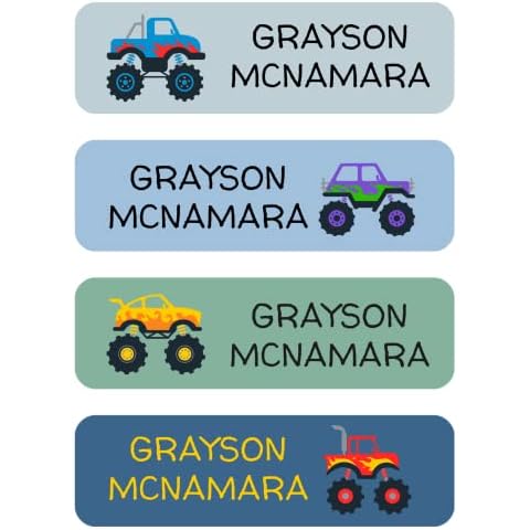 128 Monster Truck Custom Kid Name Label for Daycare, Waterproof Dishwasher Safe, Personalized Name Sticker for Camp, School Supply, Baby Bottle, Lunch Boxes, Water Bottle, Cups (Pattern2) Cover