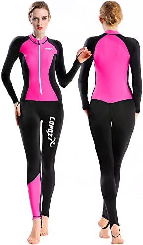 COPOZZ Diving Skin, Men Women Youth Thin Wetsuit Rash Guard- Full Body UV Protection - for Diving Snorkeling Surfing Spearfishing Sport Skin (Black/Hot Pink, Large for Women)