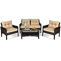 HAPPYGRILL 4-Piece Patio Furniture Outdoor Rattan Wicker Sofa Set with Cushions & Coffee Table with Tempered Glass Table Top and Storage Shelf