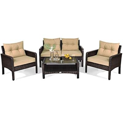 HAPPYGRILL 4-Piece Patio Furniture Outdoor Rattan Wicker Sofa Set with Cushions & Coffee Table with Tempered Glass Table Top and Storage Shelf