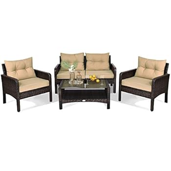 Alternative view of HAPPYGRILL 4-Piece Patio Furniture Outdoor Rattan Wicker Sofa Set with Cushions & Coffee Table with Tempered Glass Table Top and Storage Shelf