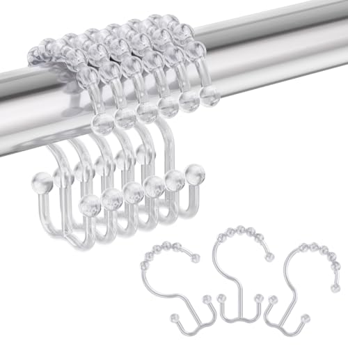 Amazer Plastic Shower Curtain Hooks Shower Curtain Rings Double Shower Rings Clear Shower Hooks for Shower Curtain Bathroom Set of 12