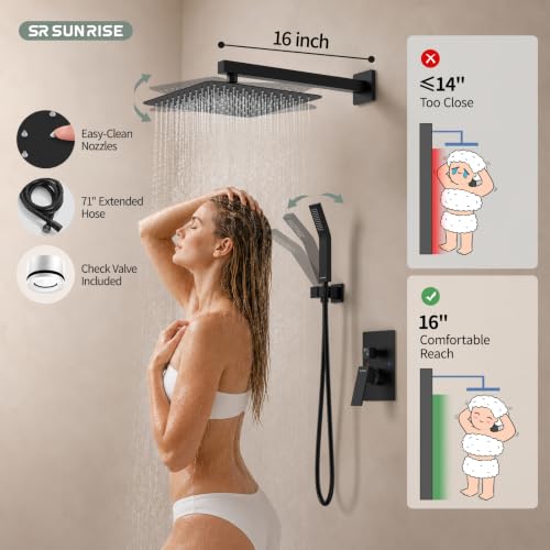 Image of SR SUN RISE 12 Inches Matte Black Shower System Inch Brass Bathroom Luxury Rain Mixer Combo Set Wall Mounted Rainfall Head Faucet Rough-in Valve Body and Trim Included