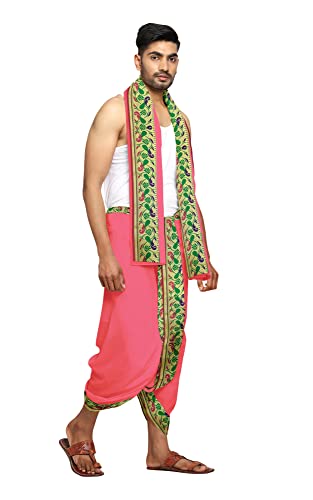 Image of Rameshwaram Fabrics Readymade Dhoti for Men, Velcro Style Stitched Mens Silk Dhoti Pant with Stole Set