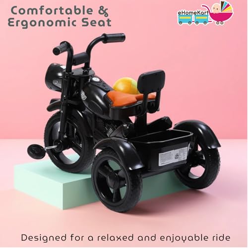 Image of eHomeKart Himalayan Kids Tricycle - Front Headlight, Musical - 1 Year to 5 Years - Trike for Indoor and Outdoor - Up to 30 Kgs - Made in India, Black