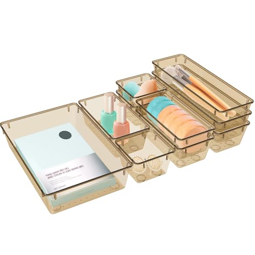 Image of 10 PCS Drawer Organizer Set, 5 Size Bathroom and kitchen organizer Trays | Bathroom and kitchen Drawer cabinet organizer Trays, Clear Storage Bins for Makeup, Jewelry, Utensils and Gadgets
