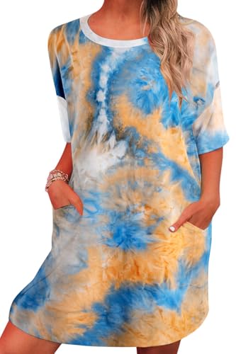 Image of MOUSYA Women Tie Dye Dress Short Sleeve T Shirt Dress Summer Casual Loose Mini Dress with Pockets