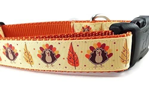 Thanksgiving Dog Collar, Caninedesign, Autumn, Fall, Turkey, 1 inch Wide, Adjustable, Nylon, Medium and Large (Thanksgiving, XL 18-26')