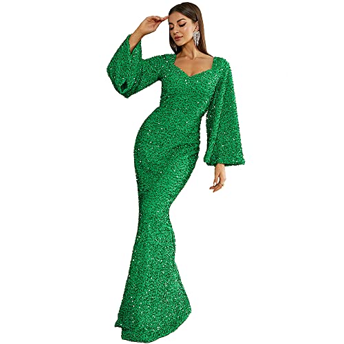 Amazon.com: Miss ord Women's Formal Sequins Elegant V-Neck Prom Maxi Dress,  Long Sleeve Mermaid Floor-Length Evening Gowns Green : Clothing, Shoes &  Jewelry