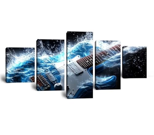 Modern Blue White Music Abstract Paintings Guitar Canvas Wall Art for Teen Boy Wall Decor Home Decor HD Printed Picture Framed Ready to Hang 5 Pieces (50"Wx24"H)
