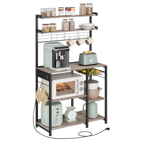VASAGLE Küchenregal, Standregal mit Steckdosen, Kaffeebar, Bäckerregal, 8 S-Haken, mit Korb,...