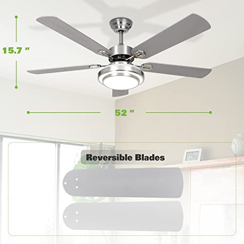 Image of hykolity 52 Inch Ceiling Fans with Lights (Integrated LED) Remote Control, Reversible Motor and Blades, ETL Listed, for Patio Living Room, Bedroom, Office - Brushed Nickel (5-Blades)